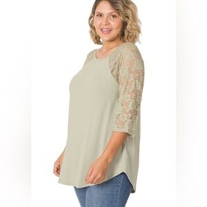 NEW! ZENANA Plus 3/4 Lace Sleeve Top in Sage